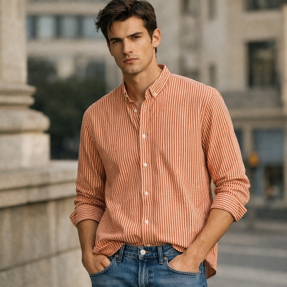 Scotch & Soda Men's Long Sleeve Summer Shirt Seersucker Stripe Button-Down Large